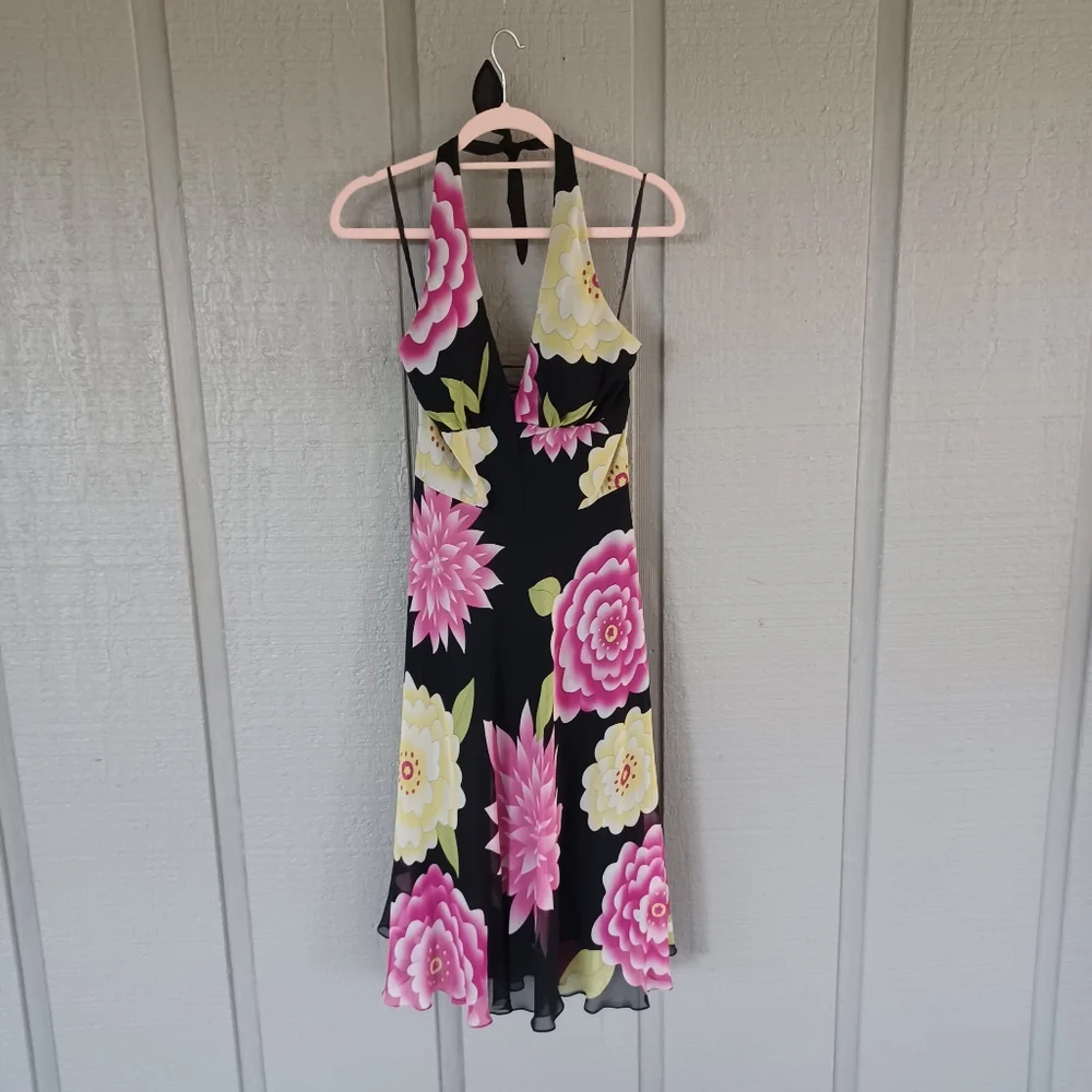Cache Vintage Y2K Silk Floral Halter Dress Size 8 Women Lace Up Back Whimsical